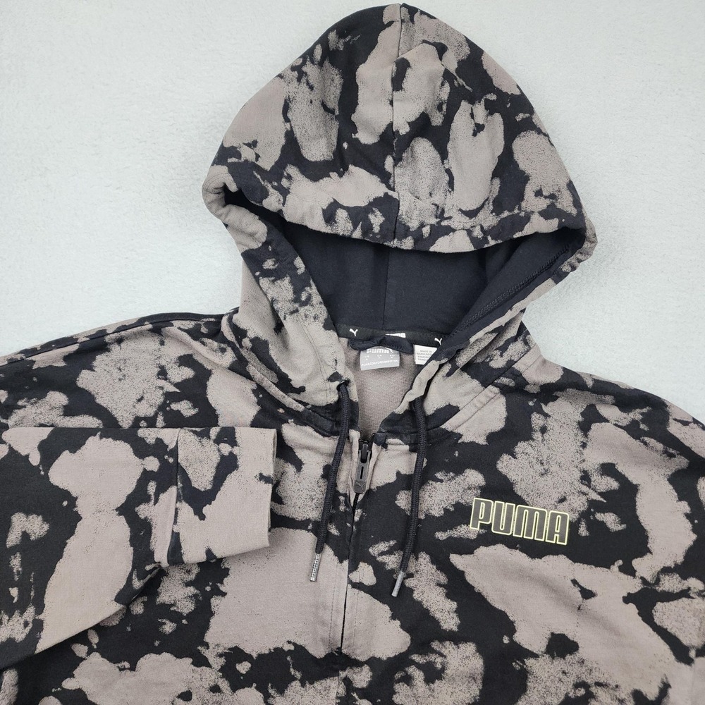 PUMA Hoodie Womens Small Black Camo Full Zip Fleece Logo Athleisure Sweatshirt